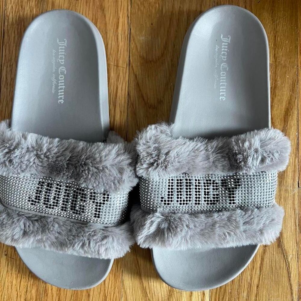 Juicy Couture Grey Slides Fuzzy Rhinestones Y2K Size 8